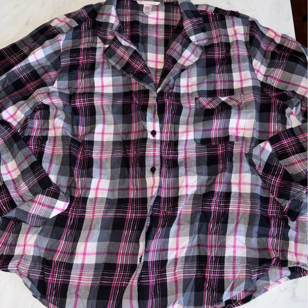 Victoria's secret pajamas 2 Pc pink black plaid button top bottom set pant xxl - Picture 4 of 5